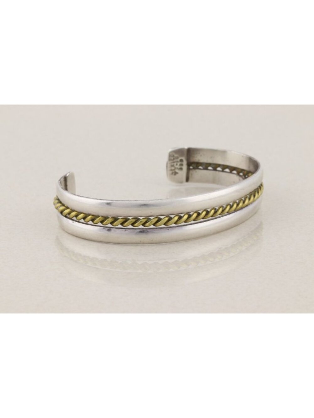Sterling Silver Cuff Bracelet with Brass Center Rope Design Adjustable 7"